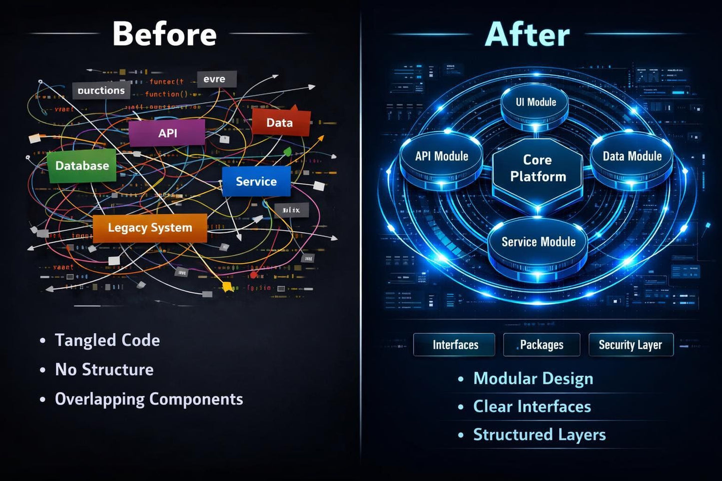 Before and after comparison of a complex system diagram with modular design elements.