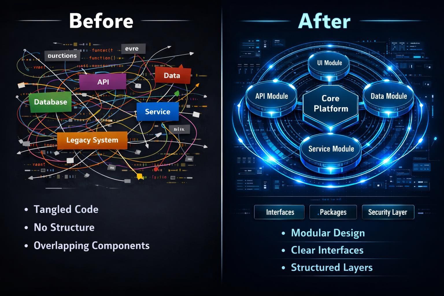 Before and after comparison of a complex system diagram with modular design elements.