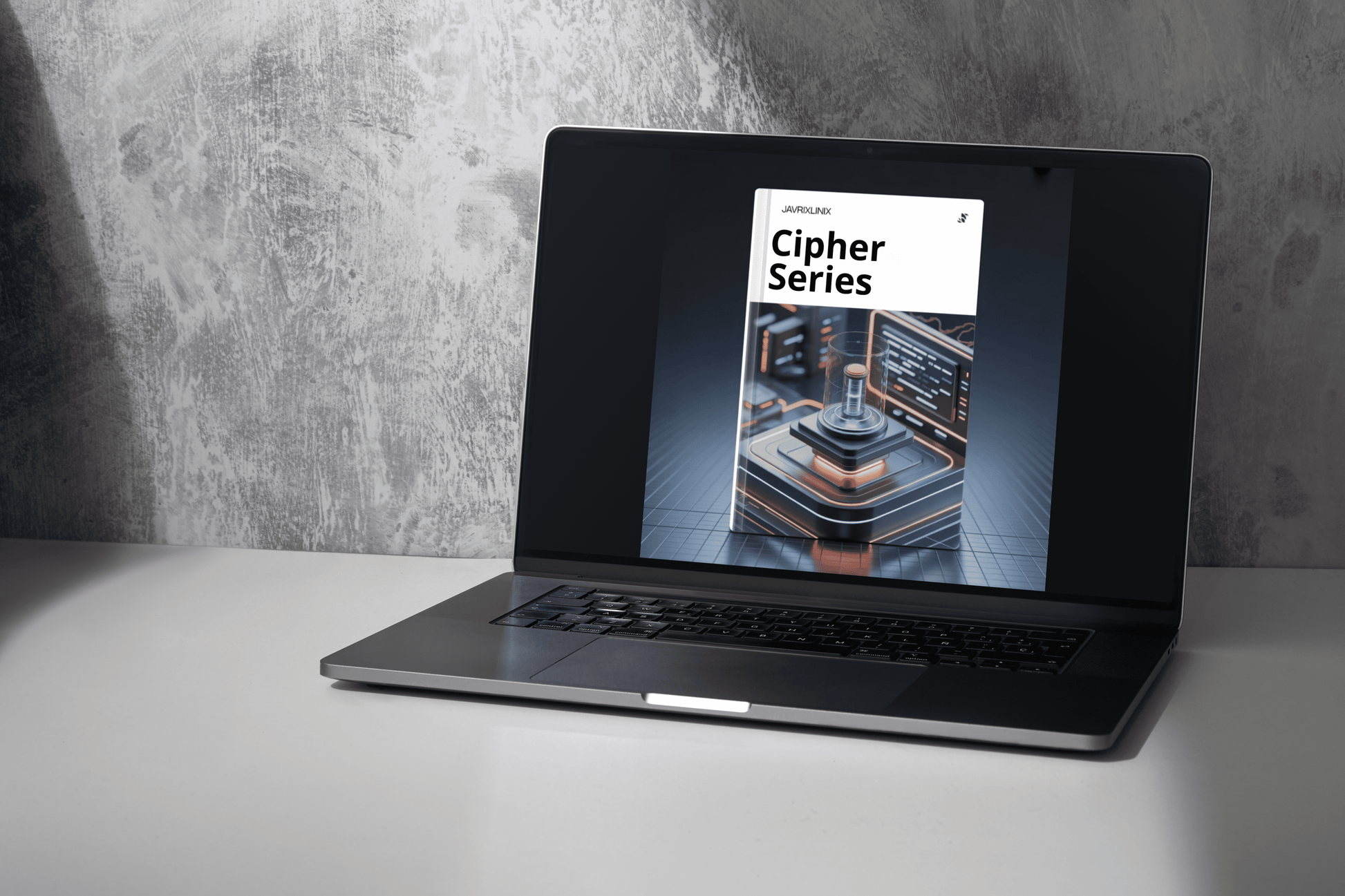 Laptop on a gray surface with a screen displaying 'Cipher Series' on a concrete wall background