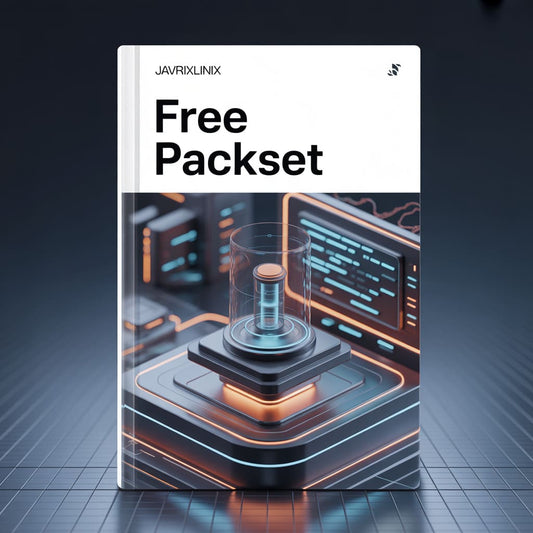 Book titled 'Free Packset' by JAVRIXLINIX with a futuristic design on a dark background