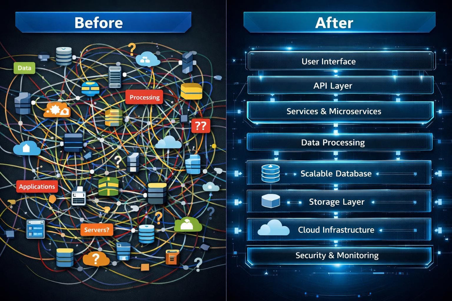 Comparison of complex network diagram labeled 'Before' with a simplified layered architecture labeled 'After'.