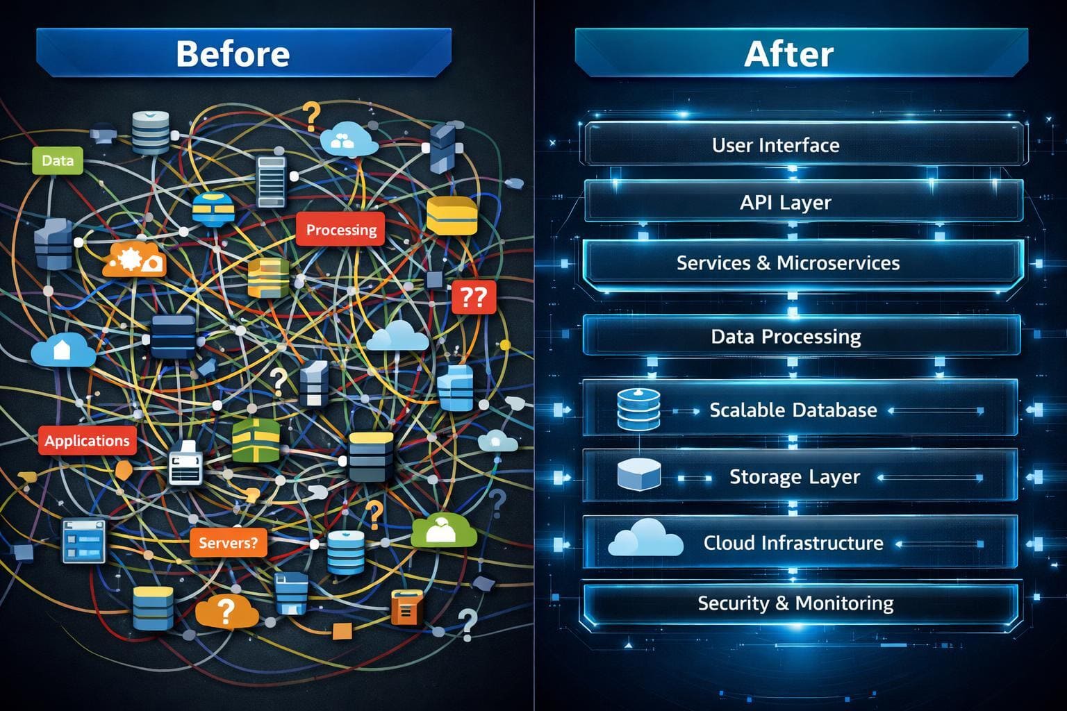 Comparison of complex network diagram labeled 'Before' with a simplified layered architecture labeled 'After'.