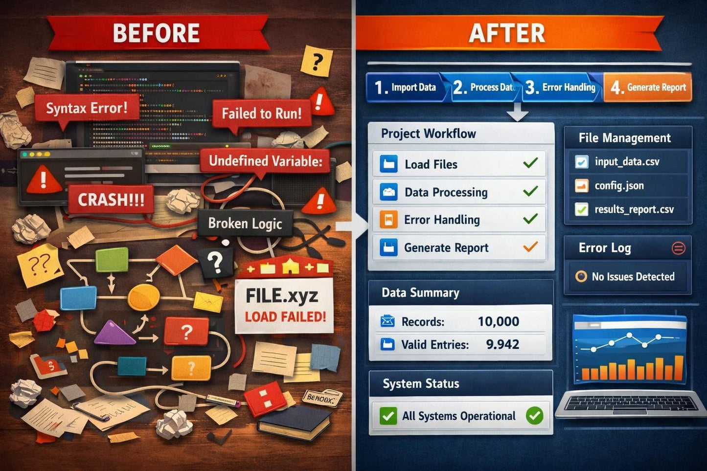 Before and after comparison of a software development process with error messages and successful workflow steps.