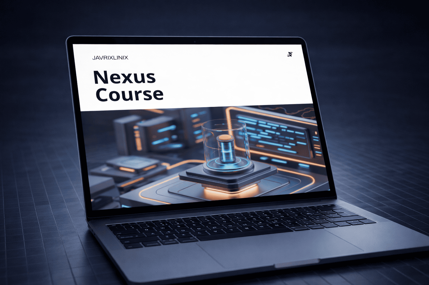 Laptop displaying a screen with 'Nexus Course' and a technical design on a dark background