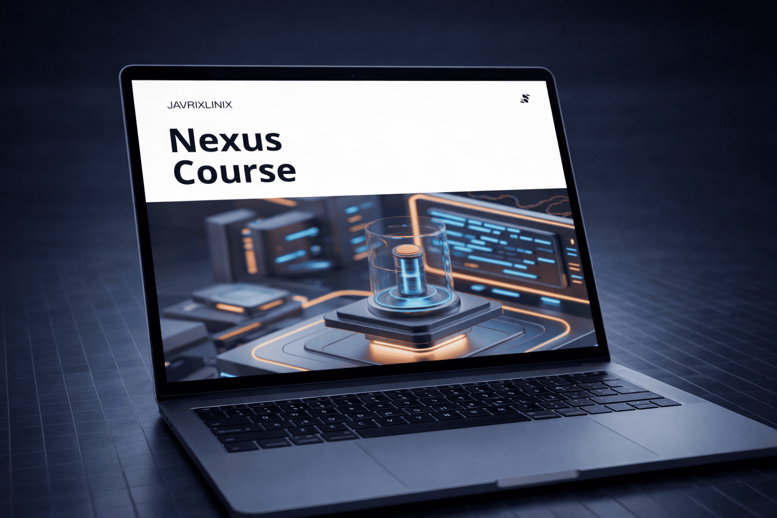 Laptop displaying a screen with 'Nexus Course' and a technical design on a dark background