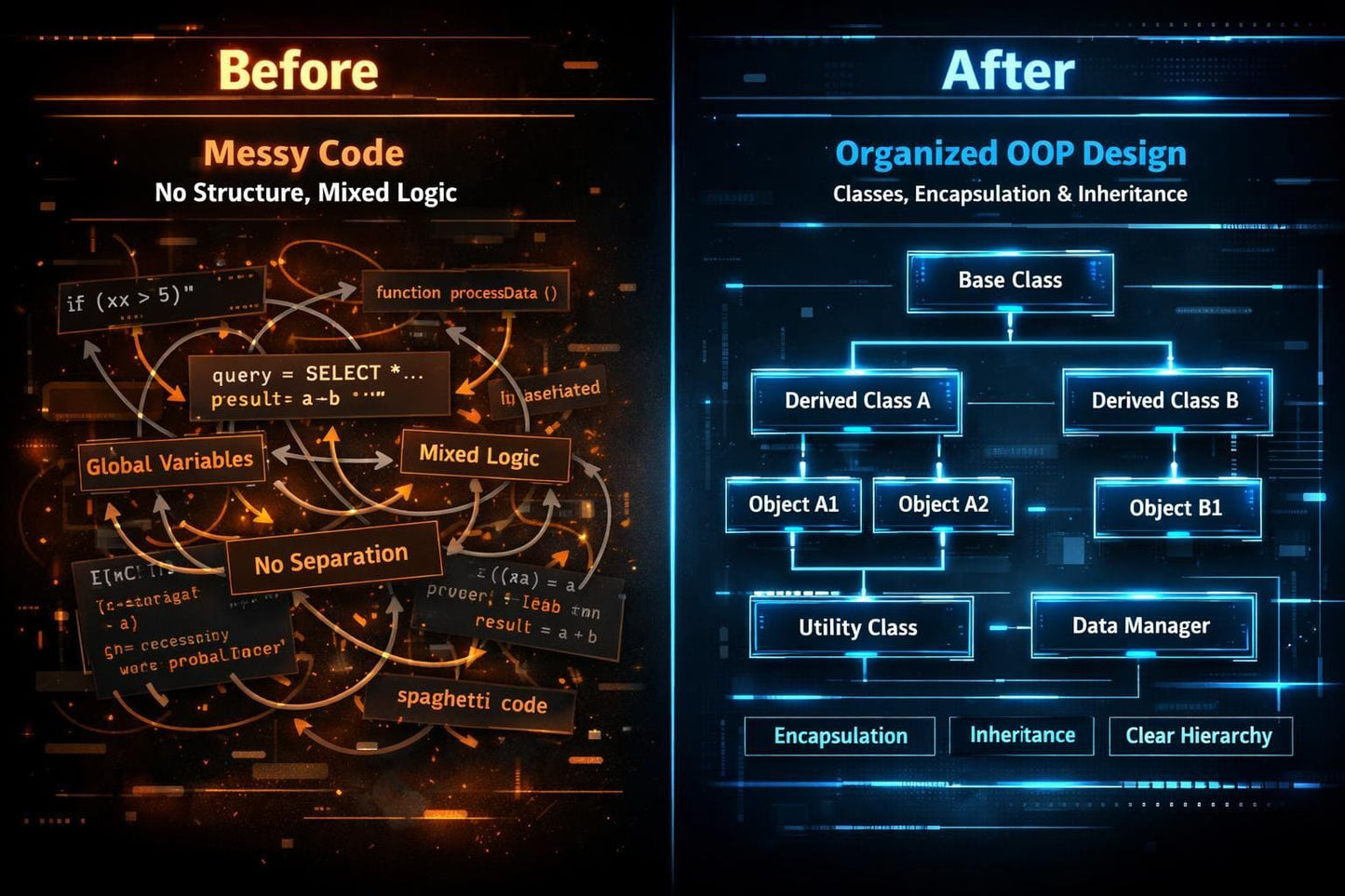 Comparison of messy code structure to organized OOP design with text and diagrams.