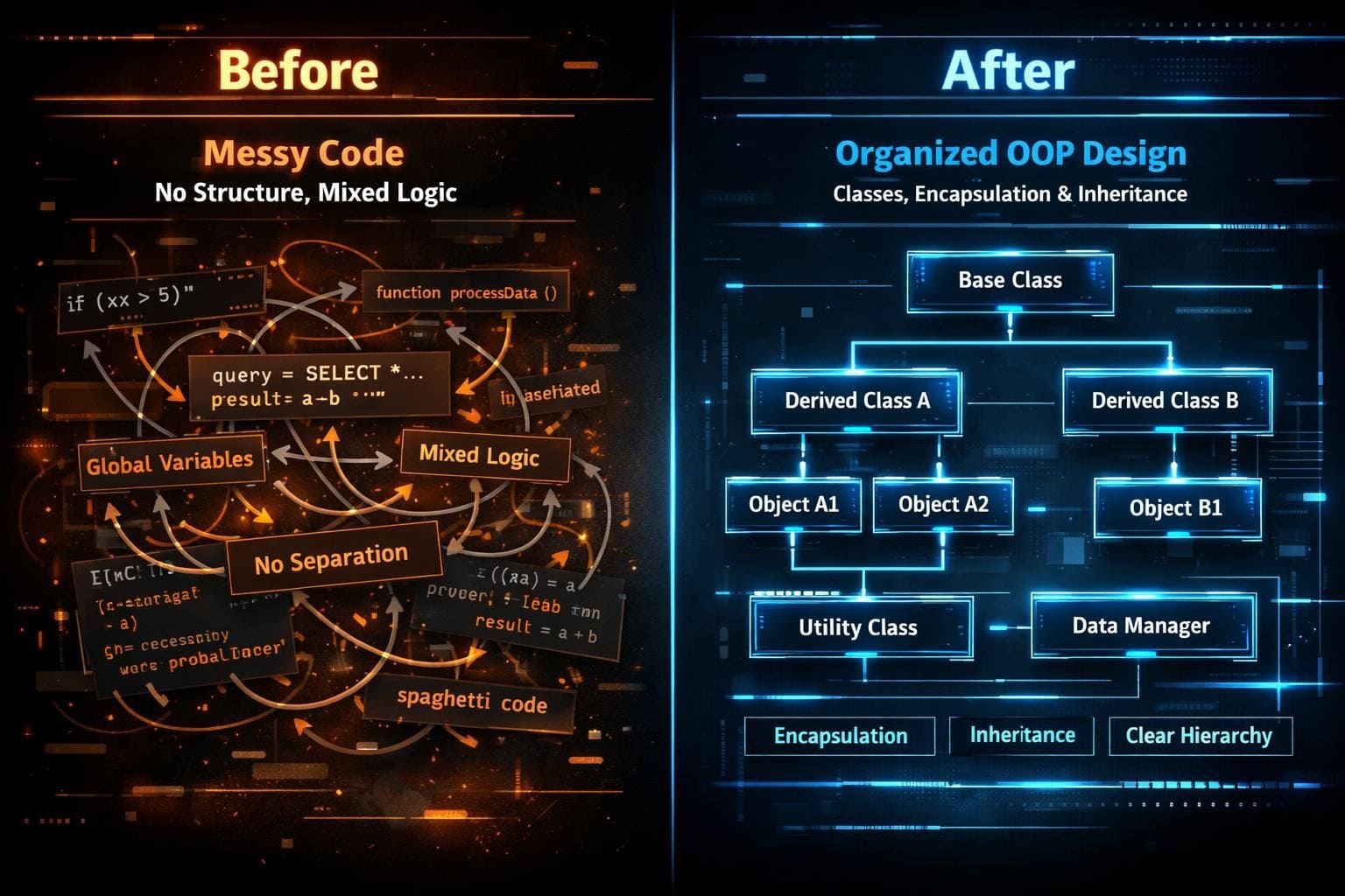 Comparison of messy code structure to organized OOP design with text and diagrams.
