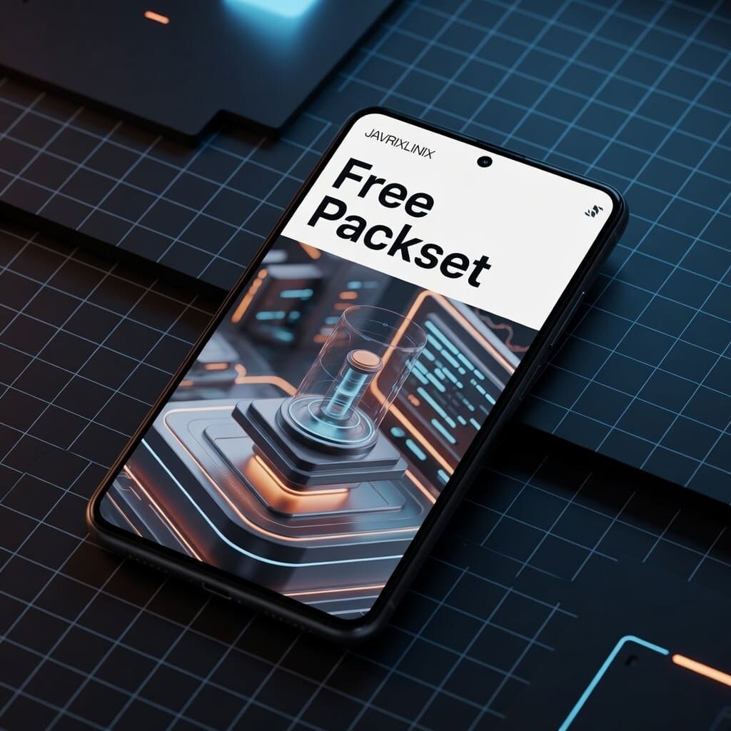 Phone displaying a free packet set offer on a futuristic grid background
