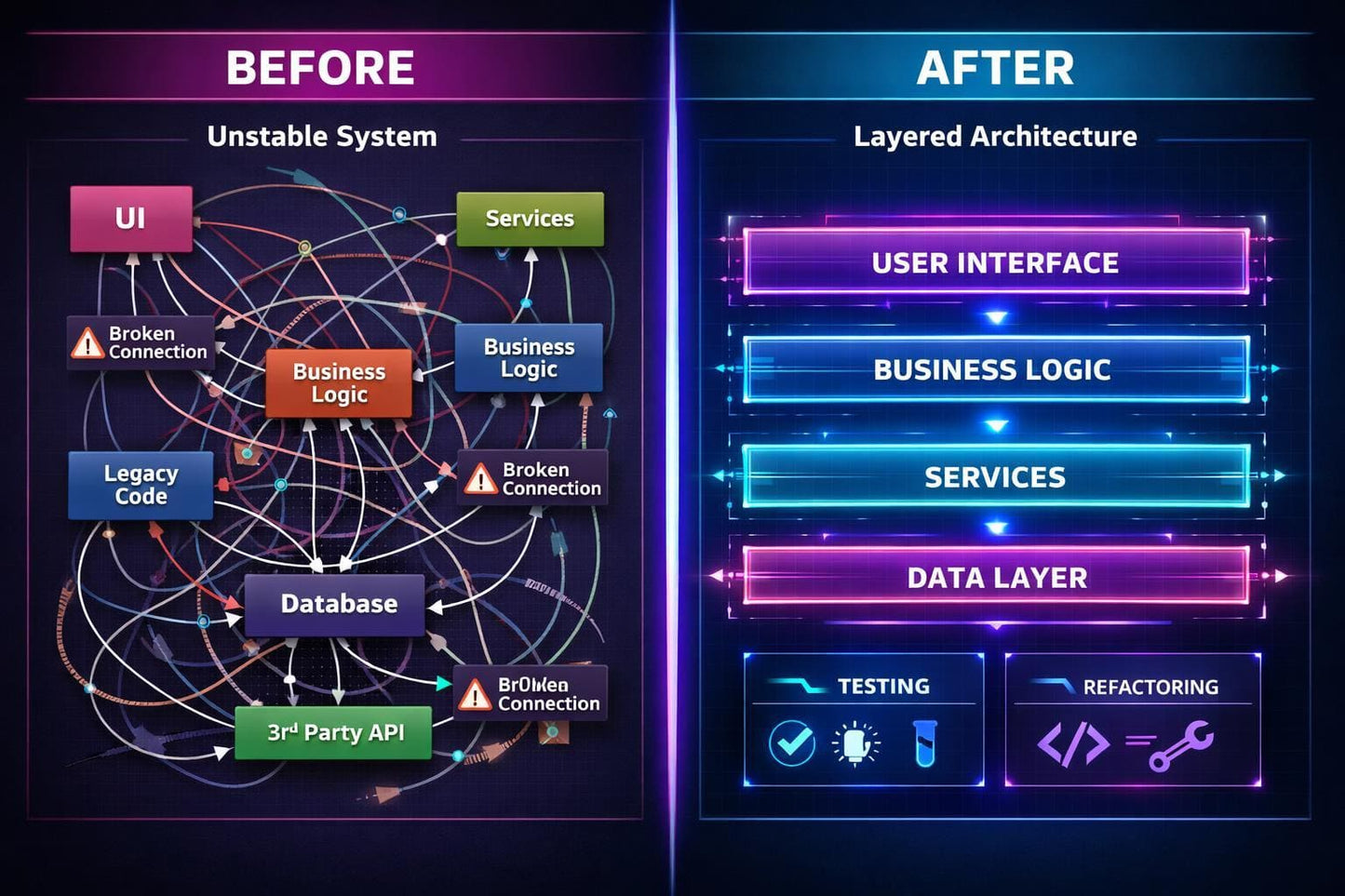 Comparison of an unstable system architecture before and a layered architecture after implementation.