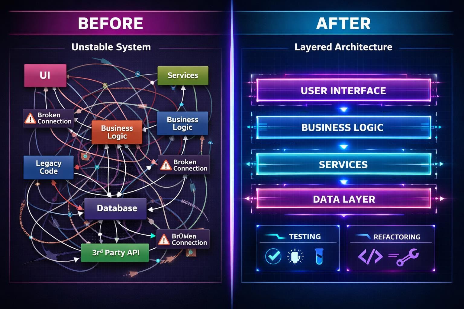 Comparison of an unstable system architecture before and a layered architecture after implementation.
