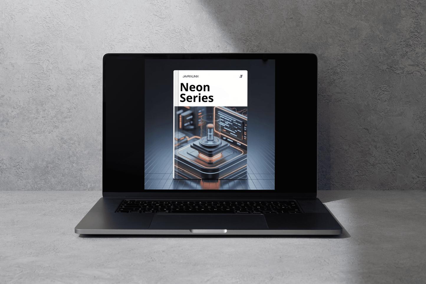 Laptop displaying a screen with 'Neon Series' on a gray surface and background