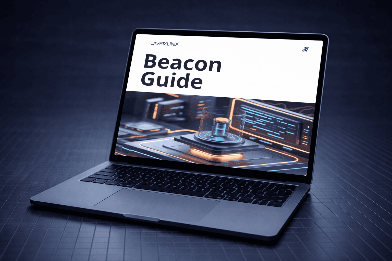 Laptop displaying a 'Beacon Guide' on a dark surface