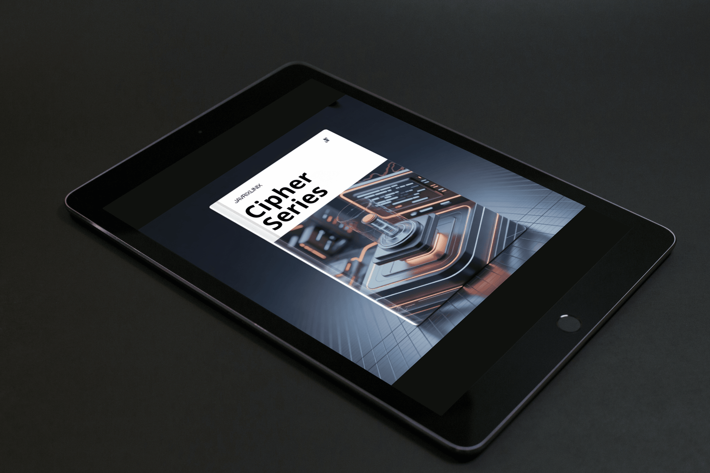 Tablet displaying a futuristic interior design on a dark background