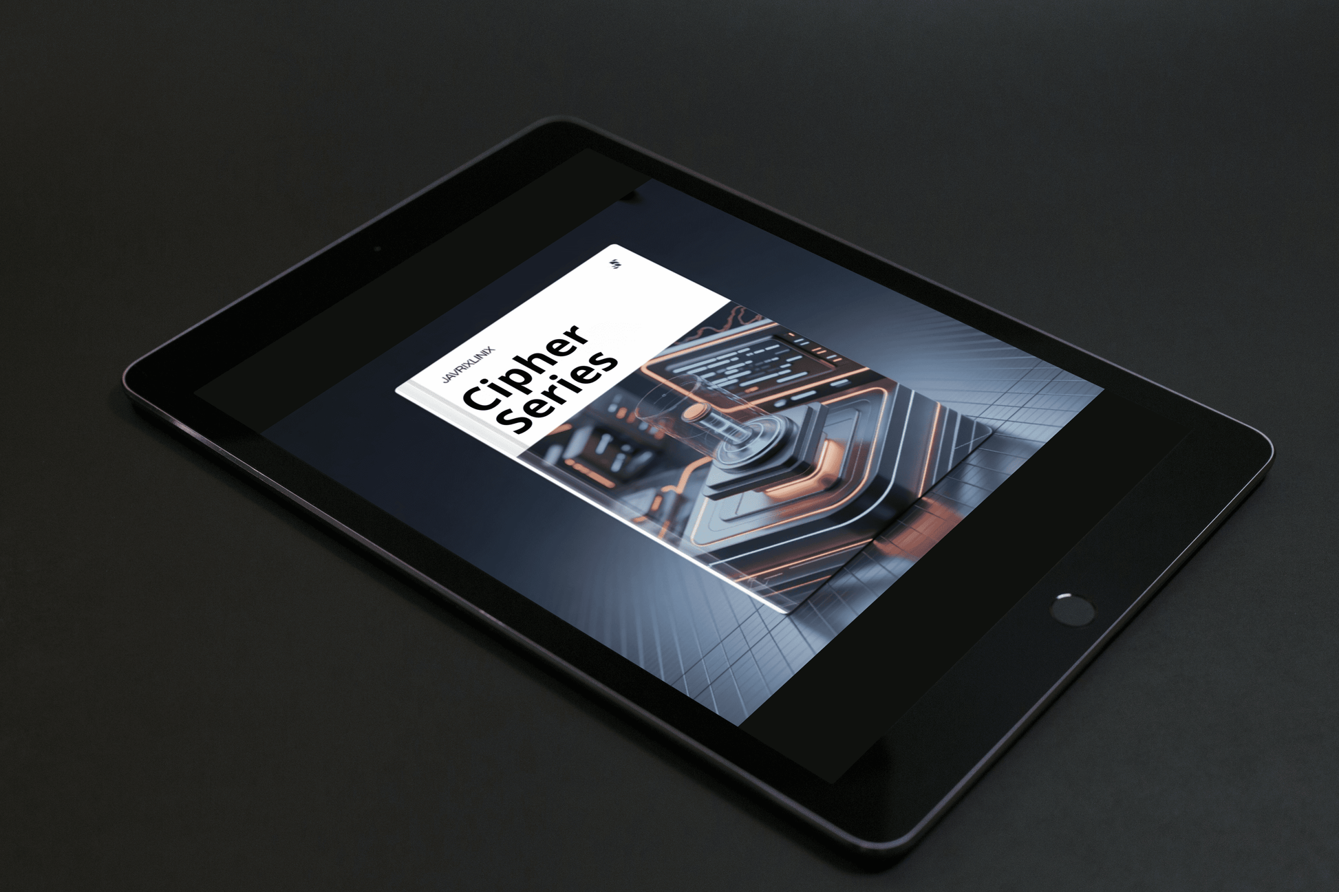 Tablet displaying a futuristic interior design on a dark background