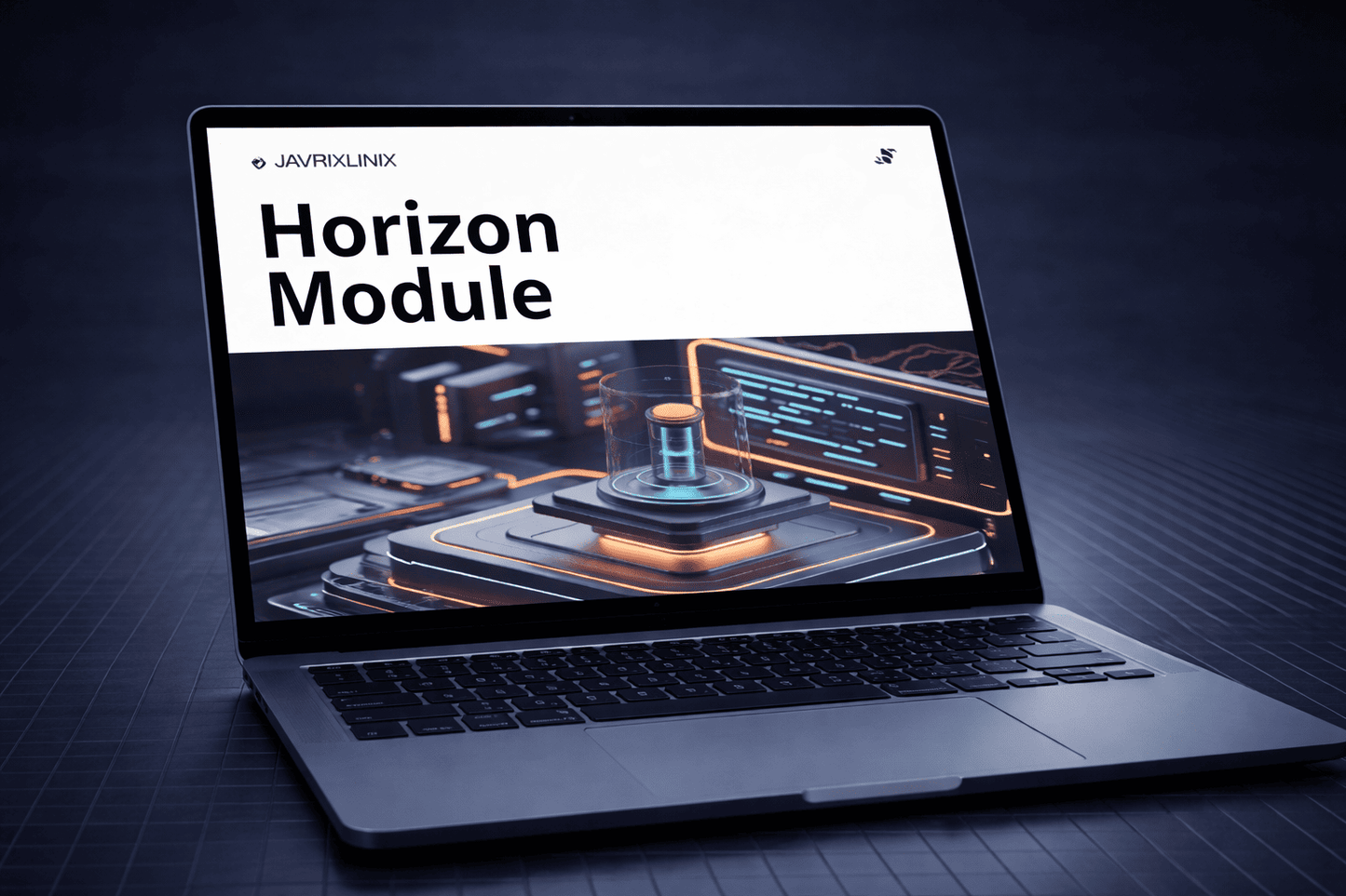 Laptop displaying 'Horizon Module' on a dark background