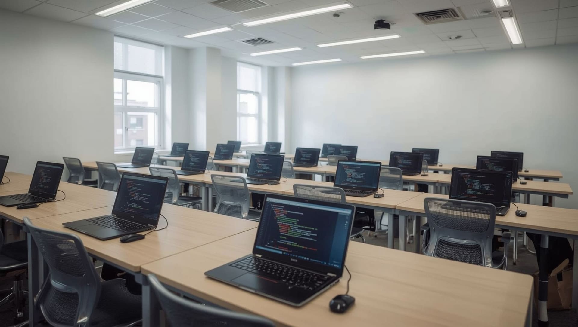 Modern classroom with rows of desks and laptops on a light gray background
