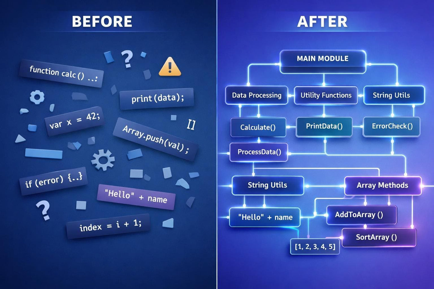 Before and after comparison of code snippets and module structure on a blue background