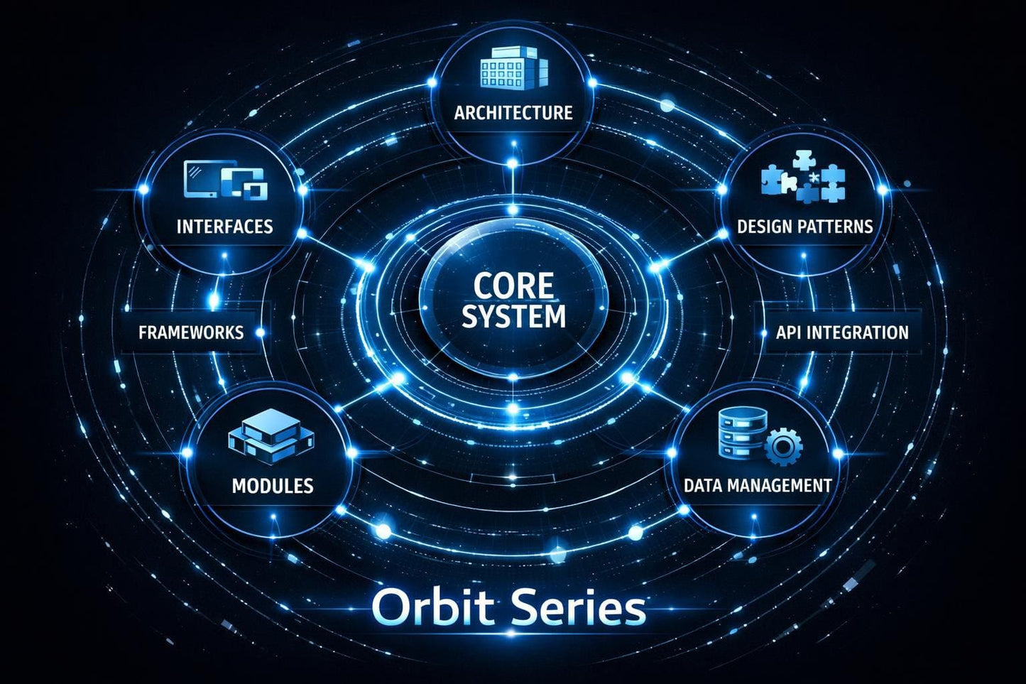 Diagram of a core system with interconnected components labeled 'Orbit Series' on a dark background.
