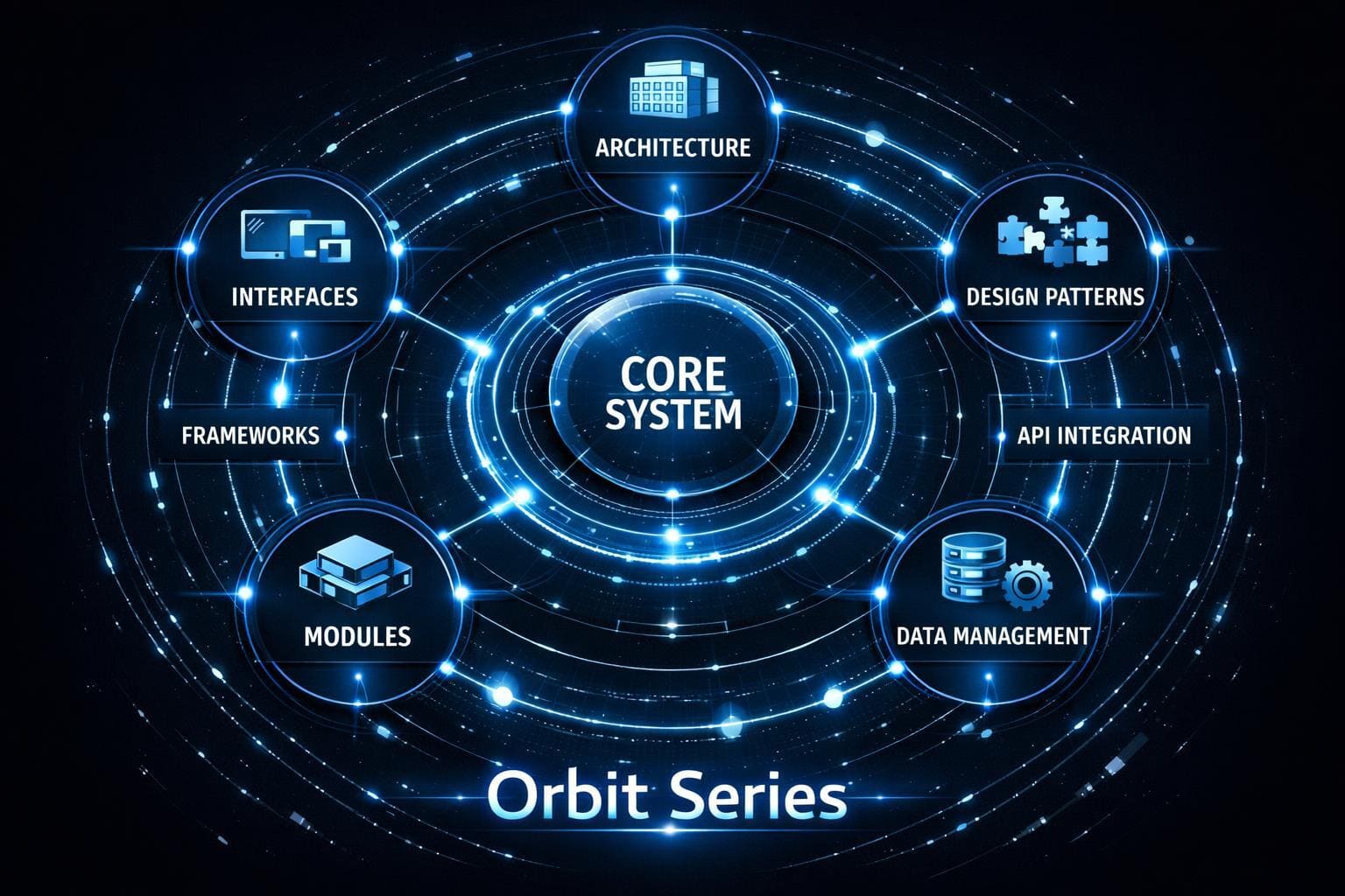 Diagram of a core system with interconnected components labeled 'Orbit Series' on a dark background.