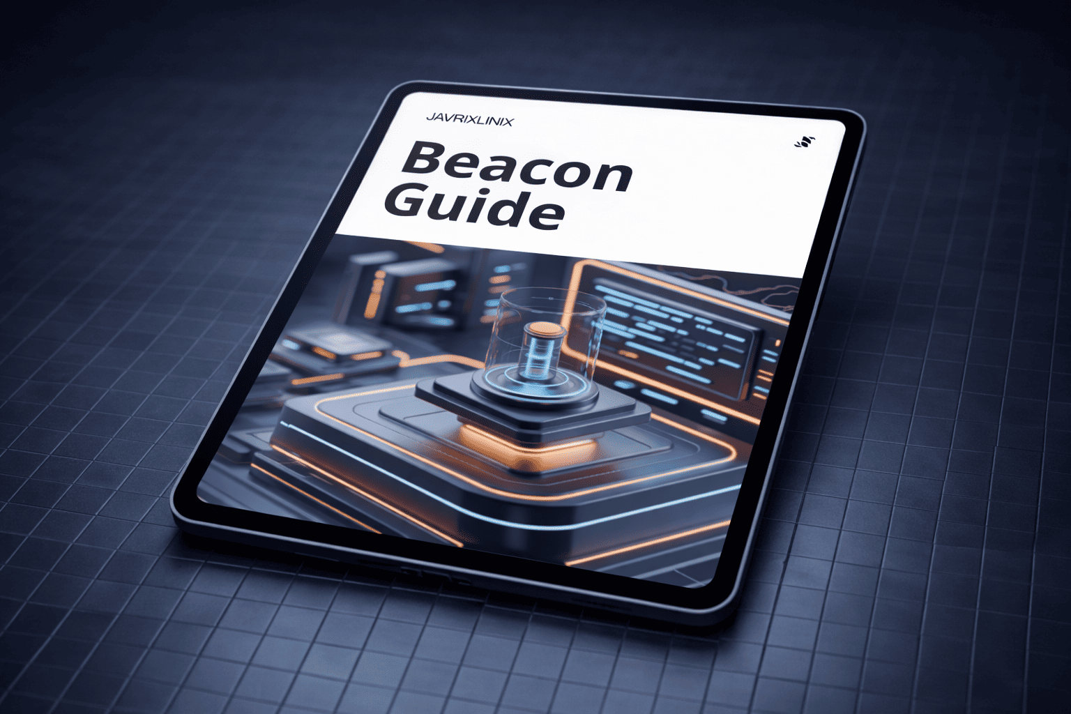 Tablet displaying a 'Beacon Guide' on a dark grid background