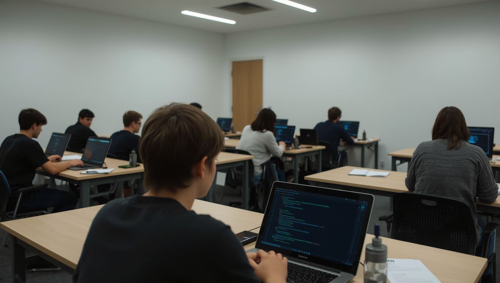 Classroom with students using laptops, desks arranged in rows.