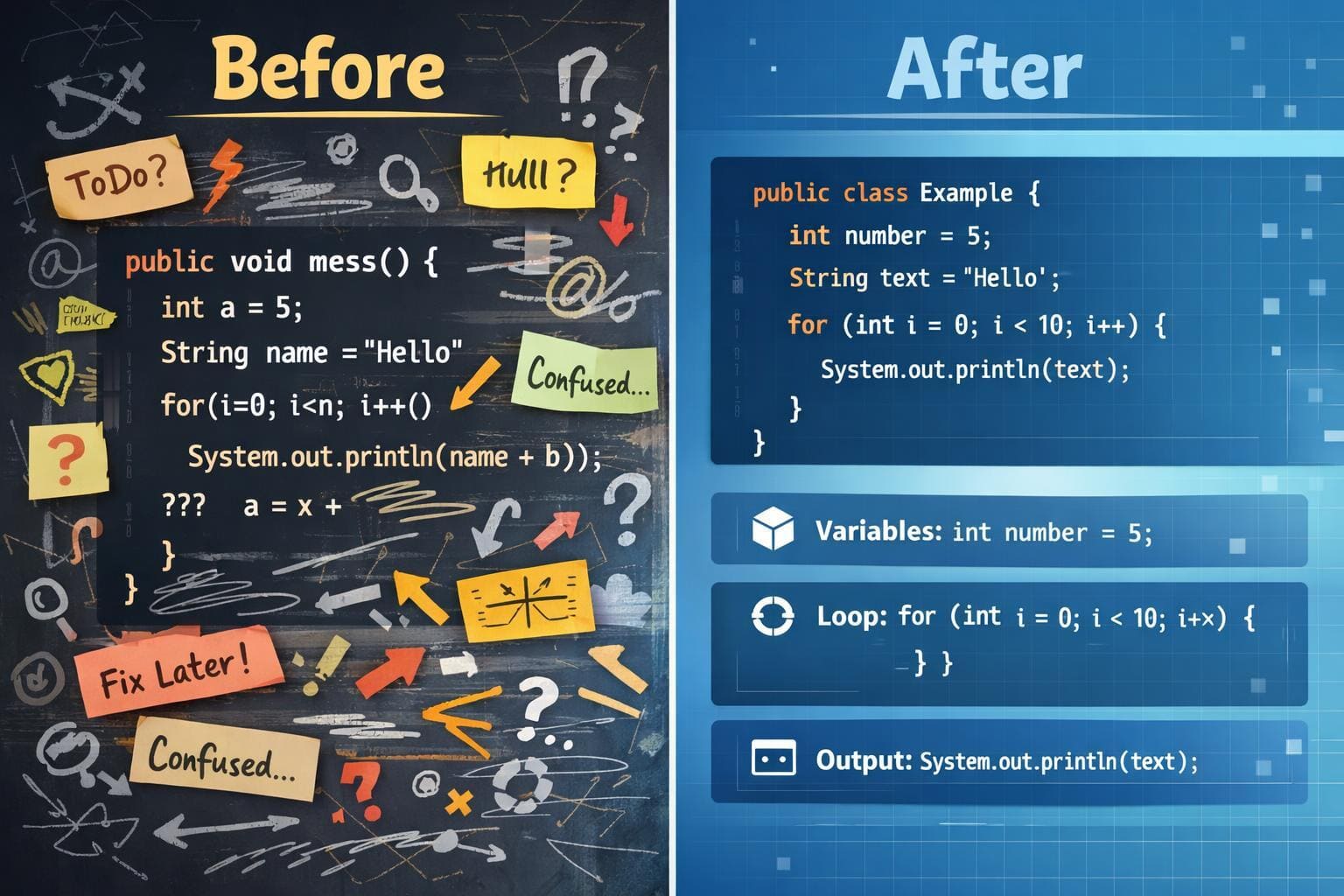 Comparison of handwritten code on a chalkboard with typed code on a digital interface.