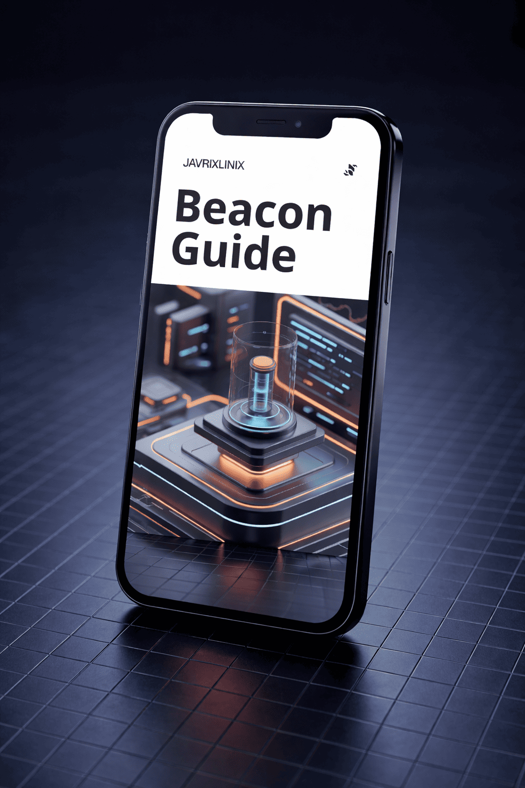 Phone displaying 'Javrixlinkx Beacon Guide' on a dark grid background